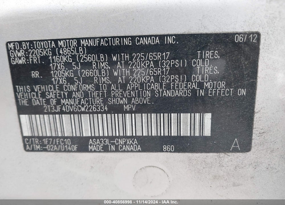 2012 TOYOTA RAV4 VIN: 2T3JF4DV6CW226334