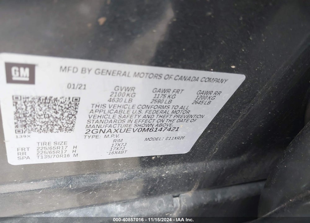 2021 CHEVROLET EQUINOX AWD LT VIN: 2GNAXUEV0M6147421