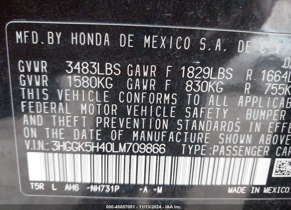 2020 HONDA FIT LX VIN: 3HGGK5H40LM709866