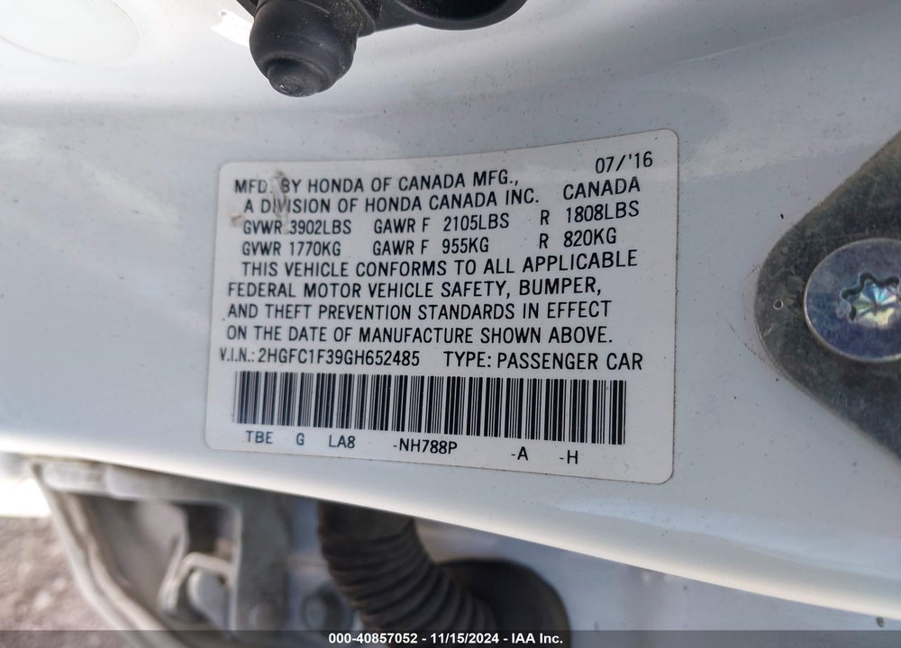 2016 HONDA CIVIC EX-T VIN: 2HGFC1F39GH652485