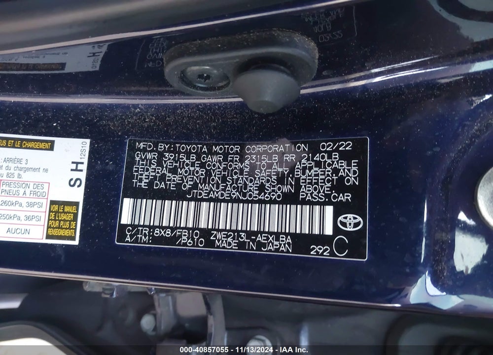 2022 TOYOTA COROLLA HYBRID LE VIN: JTDEAMDE9NJ054690