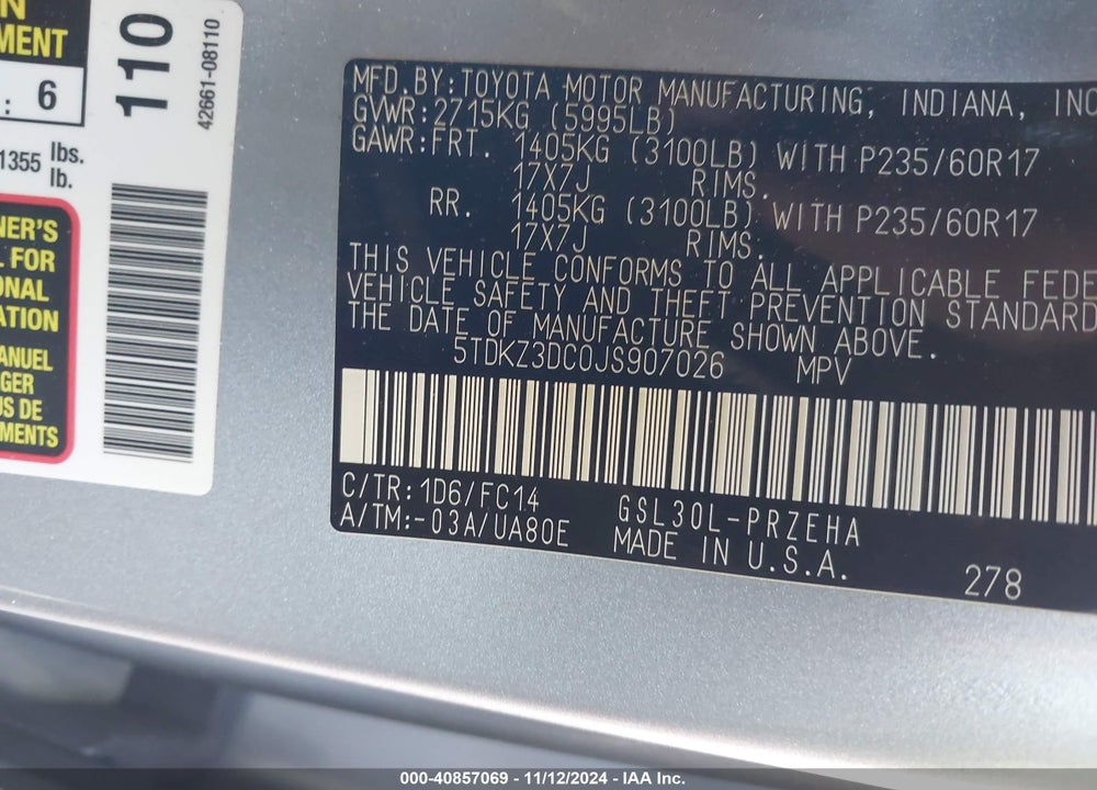 2018 TOYOTA SIENNA LE 8 PASSENGER VIN: 5TDKZ3DC0JS907026
