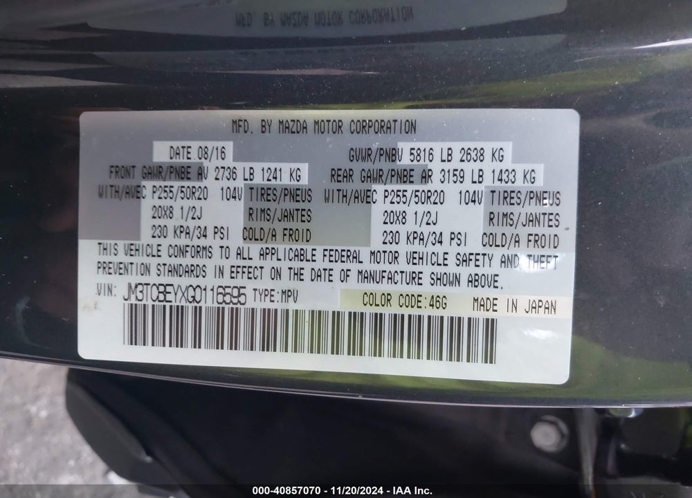 2016 MAZDA CX-9 SIGNATURE VIN: JM3TCBEYXG0116595