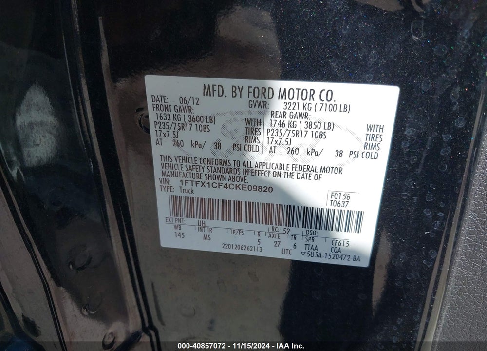2012 FORD F-150 XLT VIN: 1FTFX1CF4CKE09820
