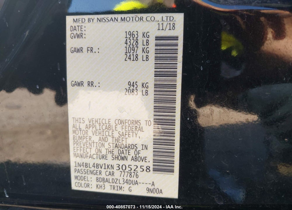 2019 NISSAN ALTIMA 2.5 S VIN: 1N4BL4BV1KN305258