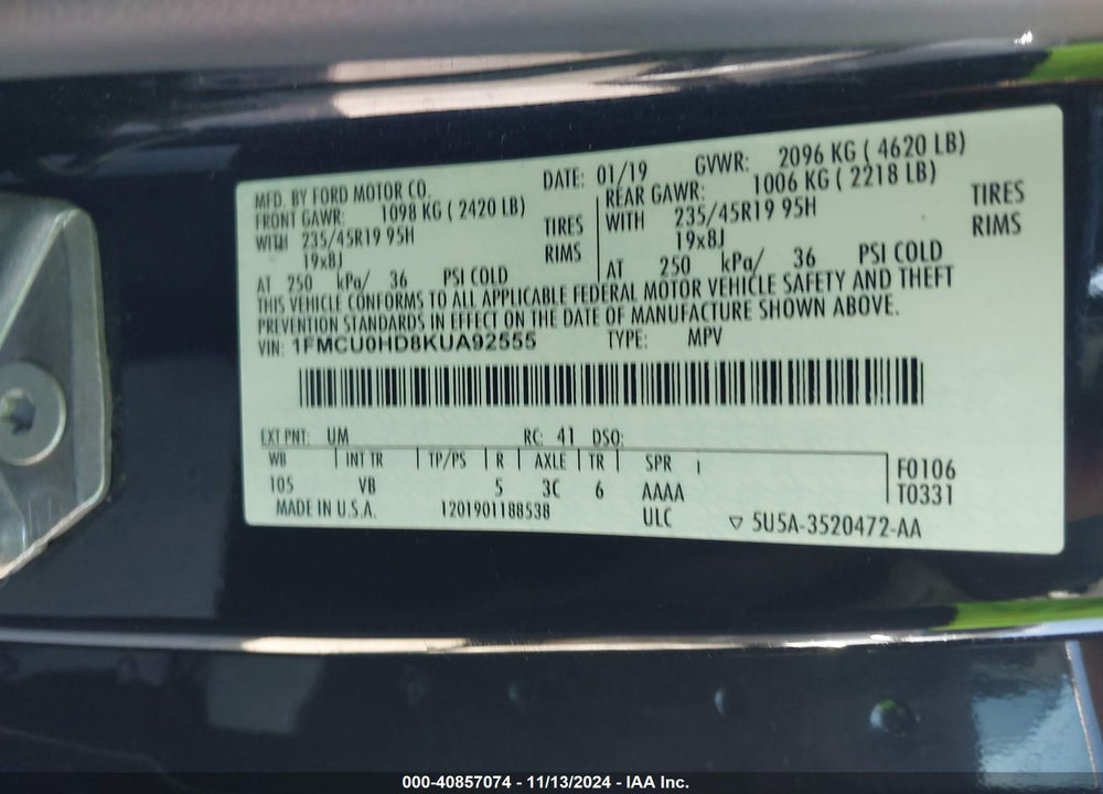 2019 FORD ESCAPE SEL VIN: 1FMCU0HD8KUA92555