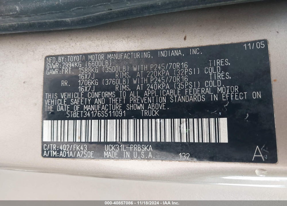 2006 TOYOTA TUNDRA SR5 V8 VIN: 5TBET34176S511091