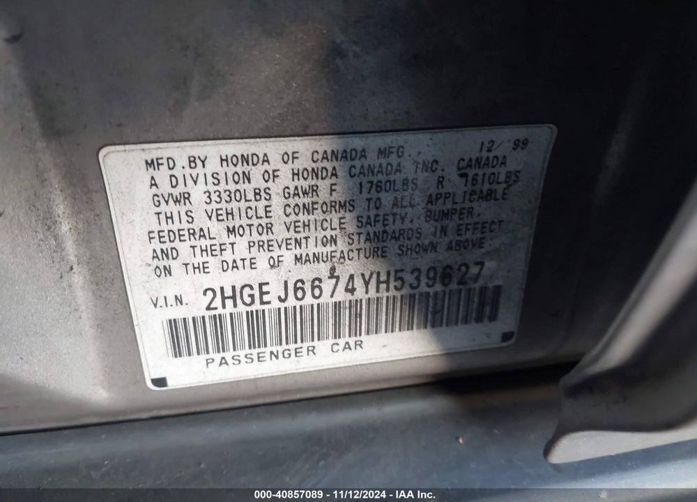 2000 HONDA CIVIC LX VIN: 2HGEJ6674YH539627