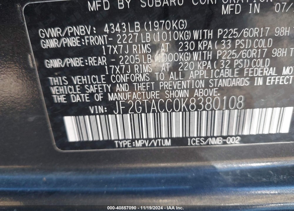 2019 SUBARU CROSSTREK 2.0I PREMIUM VIN: JF2GTACC0K8380108