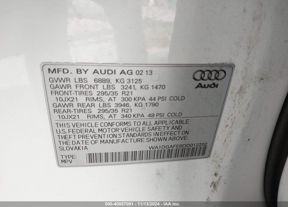 2013 AUDI Q7 3.0T S LINE PRESTIGE VIN: WA1DGAFE6DD012202