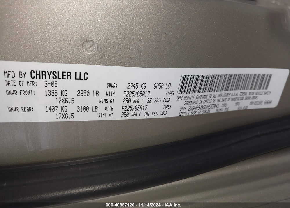 2009 CHRYSLER TOWN & COUNTRY TOURING VIN: 2A8HR54X89R657041