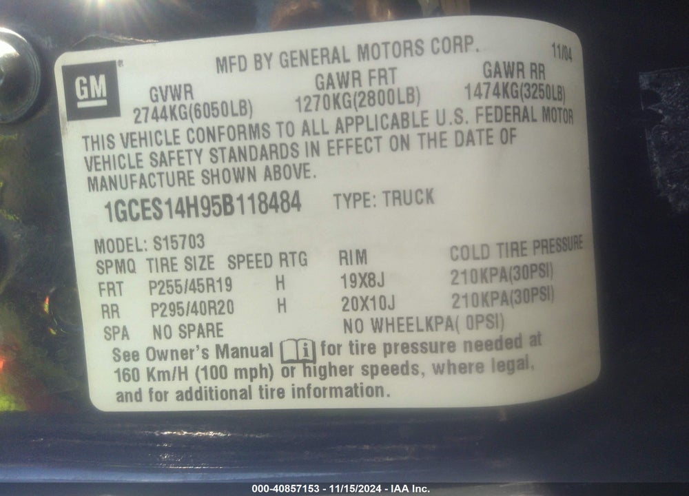 2005 CHEVROLET SSR VIN: 1GCES14H95B118484