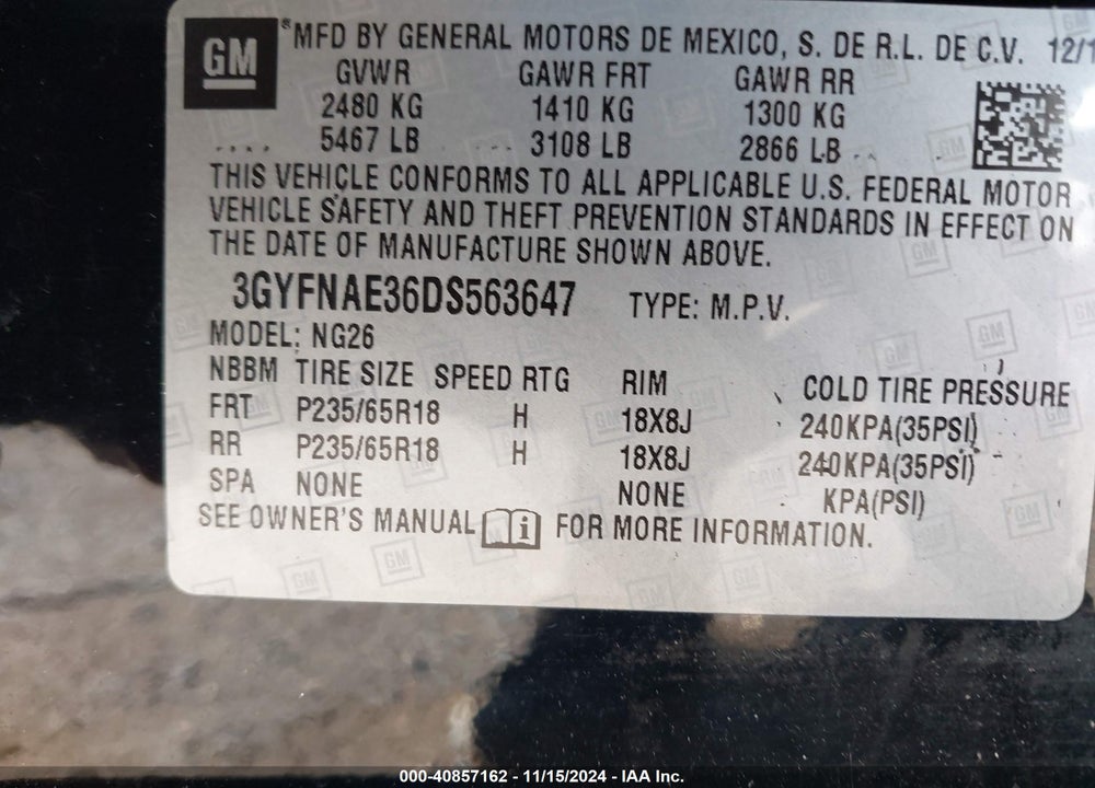 2013 CADILLAC SRX STANDARD VIN: 3GYFNAE36DS563647