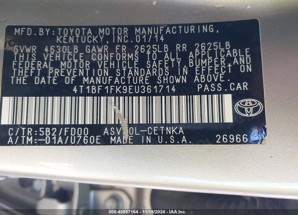 2014 TOYOTA CAMRY LE VIN: 4T1BF1FK9EU361714