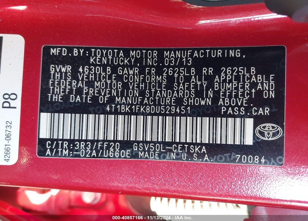 2013 TOYOTA CAMRY SE V6 VIN: 4T1BK1FK8DU529451