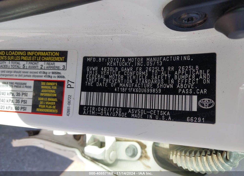 2013 TOYOTA CAMRY SE VIN: 4T1BF1FK6DU699859
