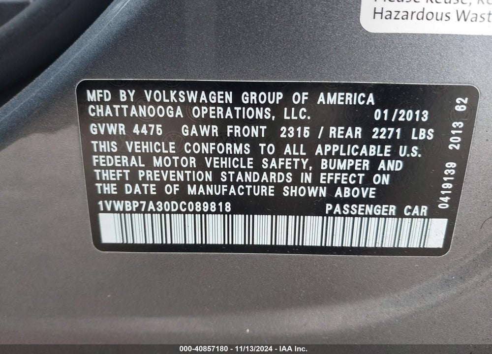 2013 VOLKSWAGEN PASSAT 2.5L SE VIN: 1VWBP7A30DC089818