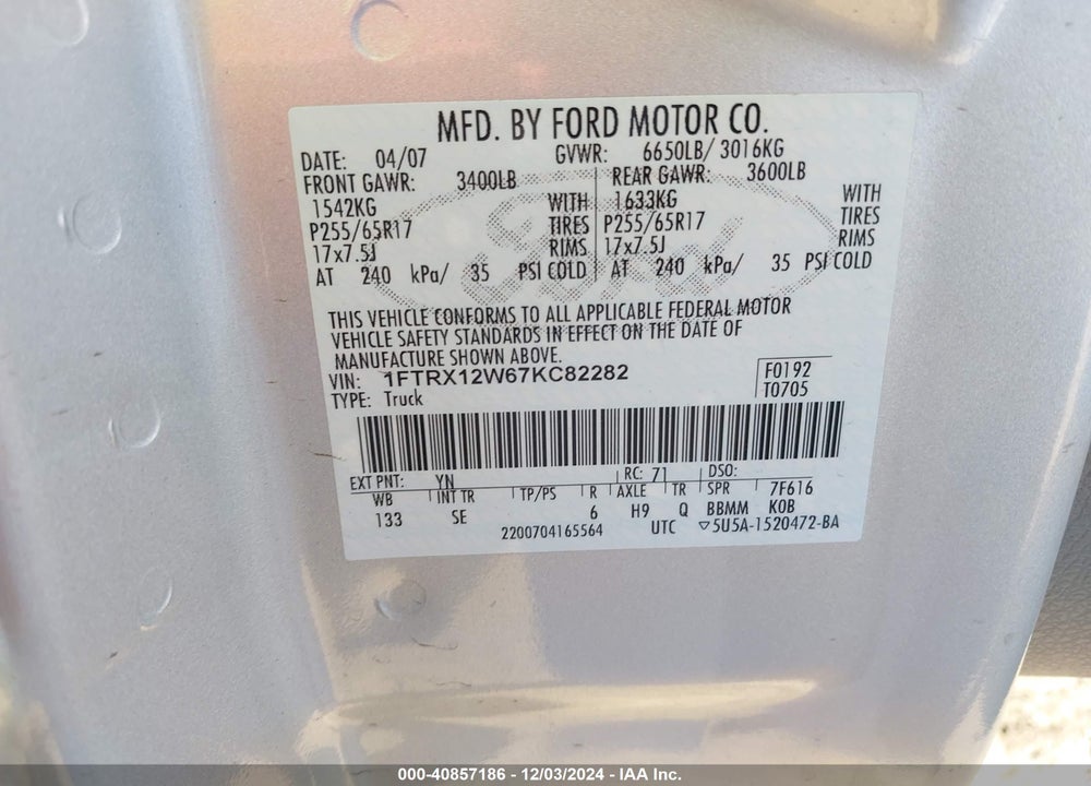 2007 FORD F-150 STX/XL/XLT VIN: 1FTRX12W67KC82282