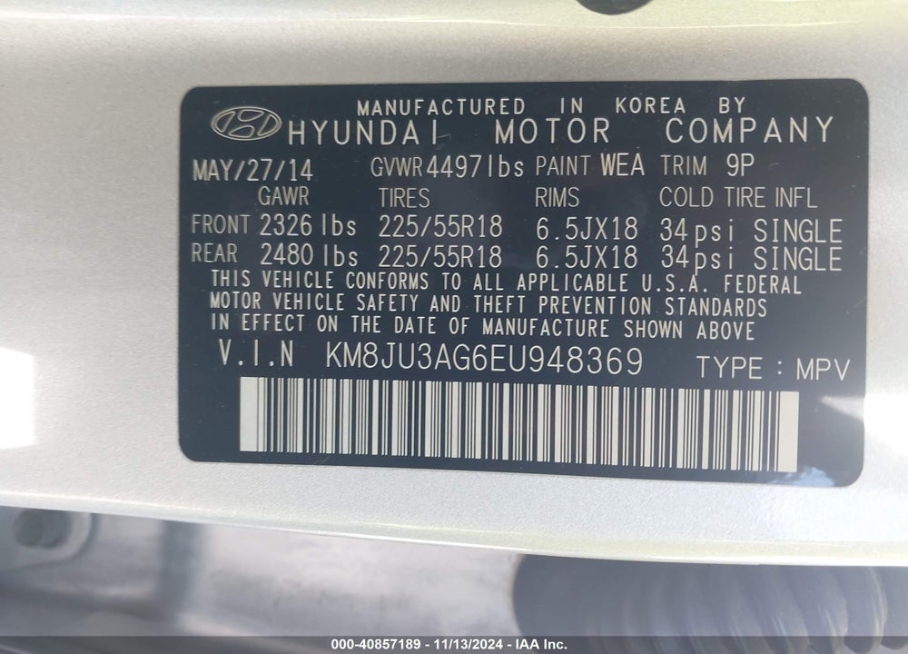 2014 HYUNDAI TUCSON LIMITED VIN: KM8JU3AG6EU948369