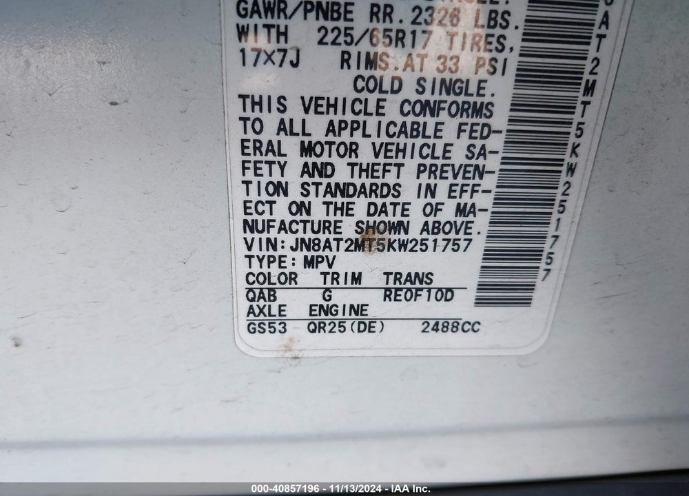 2019 NISSAN ROGUE SV VIN: JN8AT2MT5KW251757