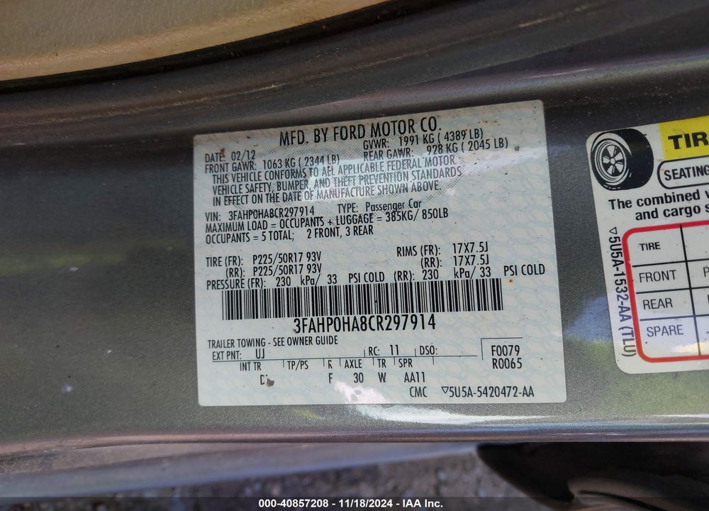 2012 FORD FUSION SE VIN: 3FAHP0HA8CR297914