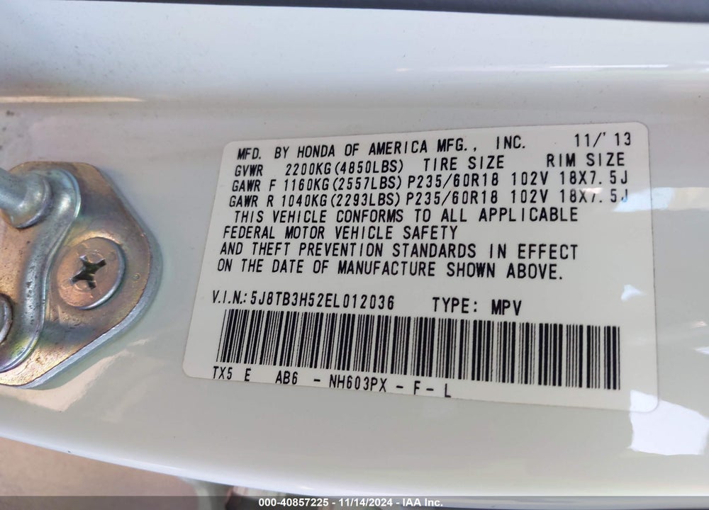 2014 ACURA RDX VIN: 5J8TB3H52EL012036
