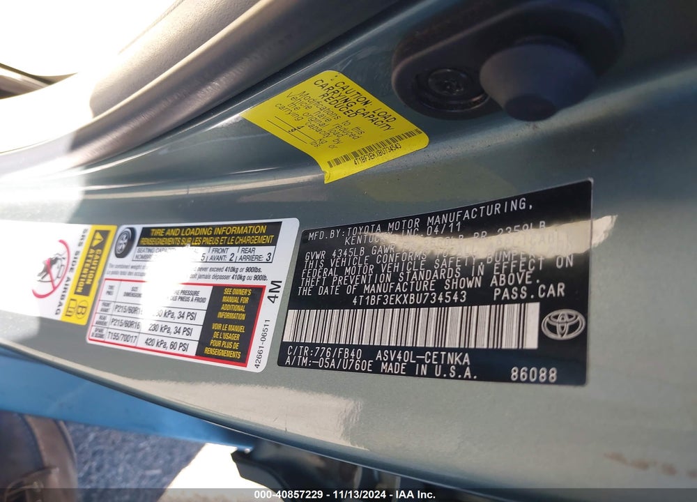 2011 TOYOTA CAMRY LE VIN: 4T1BF3EKXBU734543