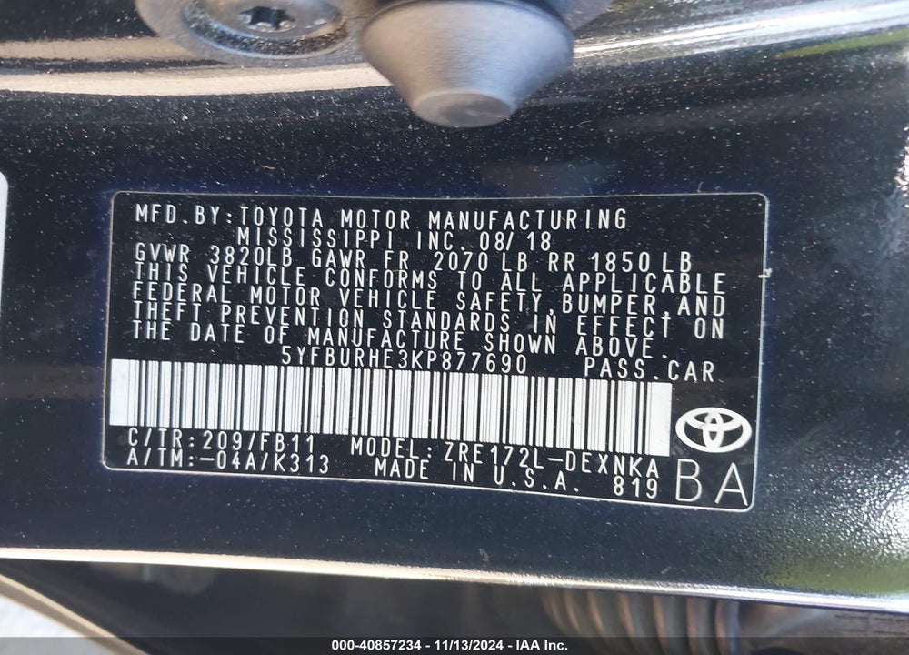 2019 TOYOTA COROLLA LE VIN: 5YFBURHE3KP877690