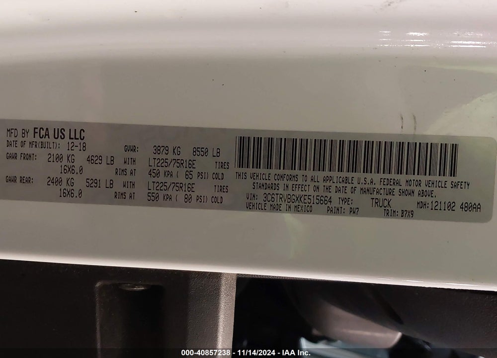 2019 RAM PROMASTER 1500 136 WB VIN: 3C6TRVBGXKE515664