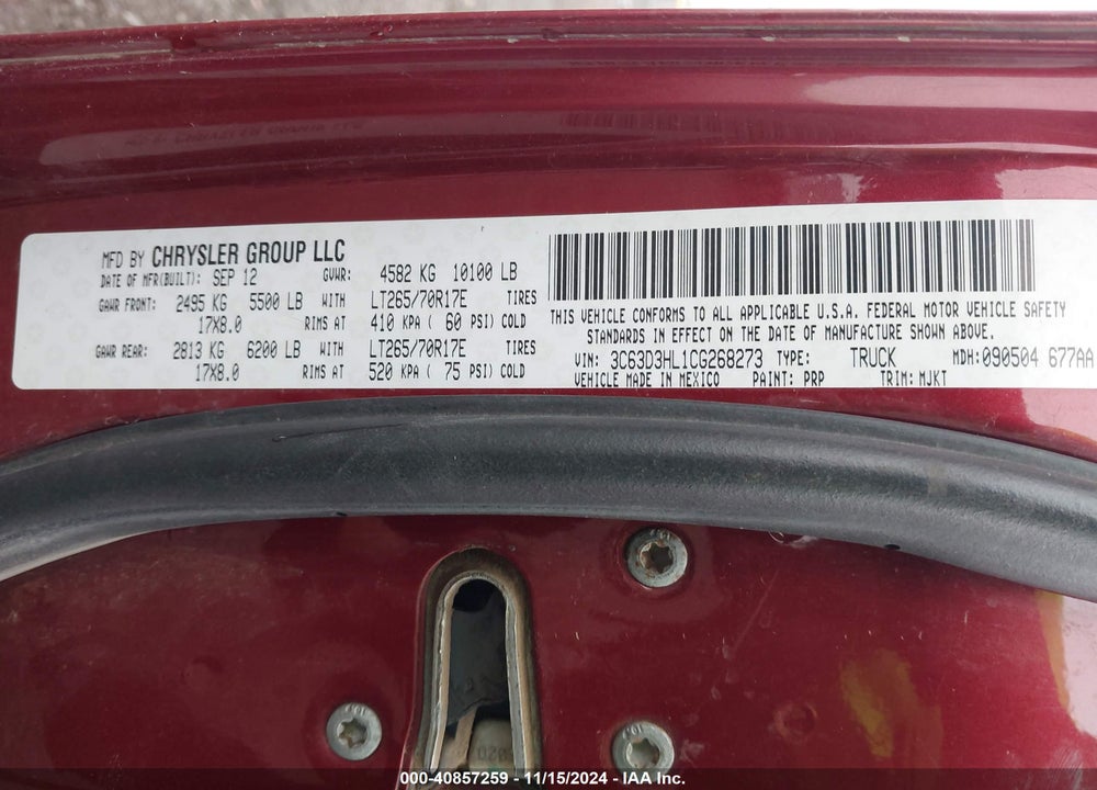 2012 RAM 3500 SLT VIN: 3C63D3HL1CG268273