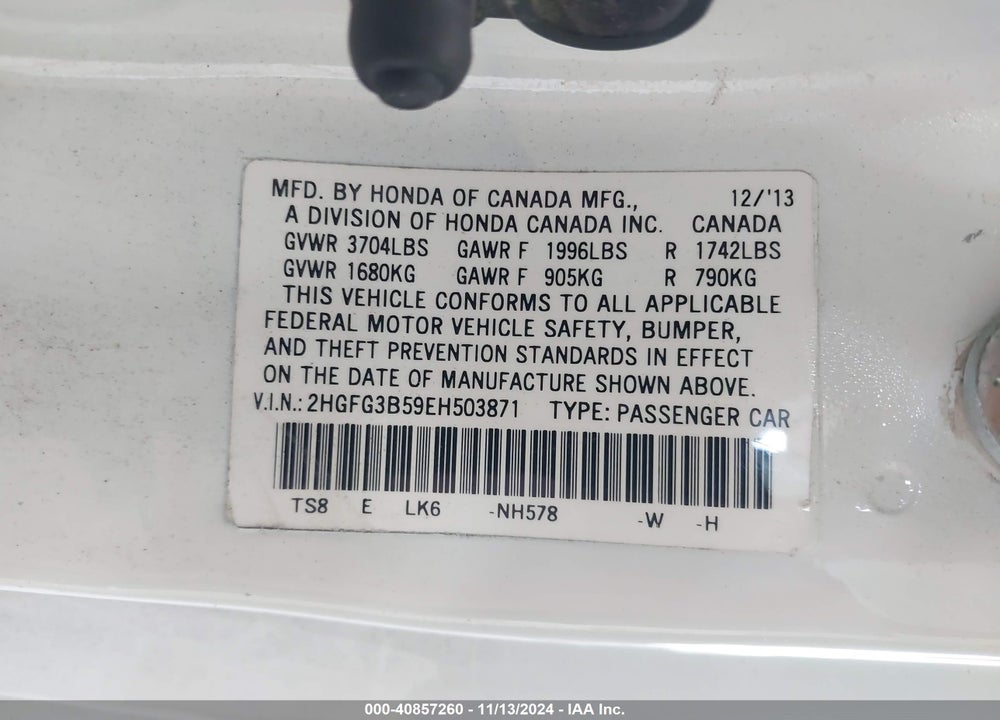 2014 HONDA CIVIC LX VIN: 2HGFG3B59EH503871