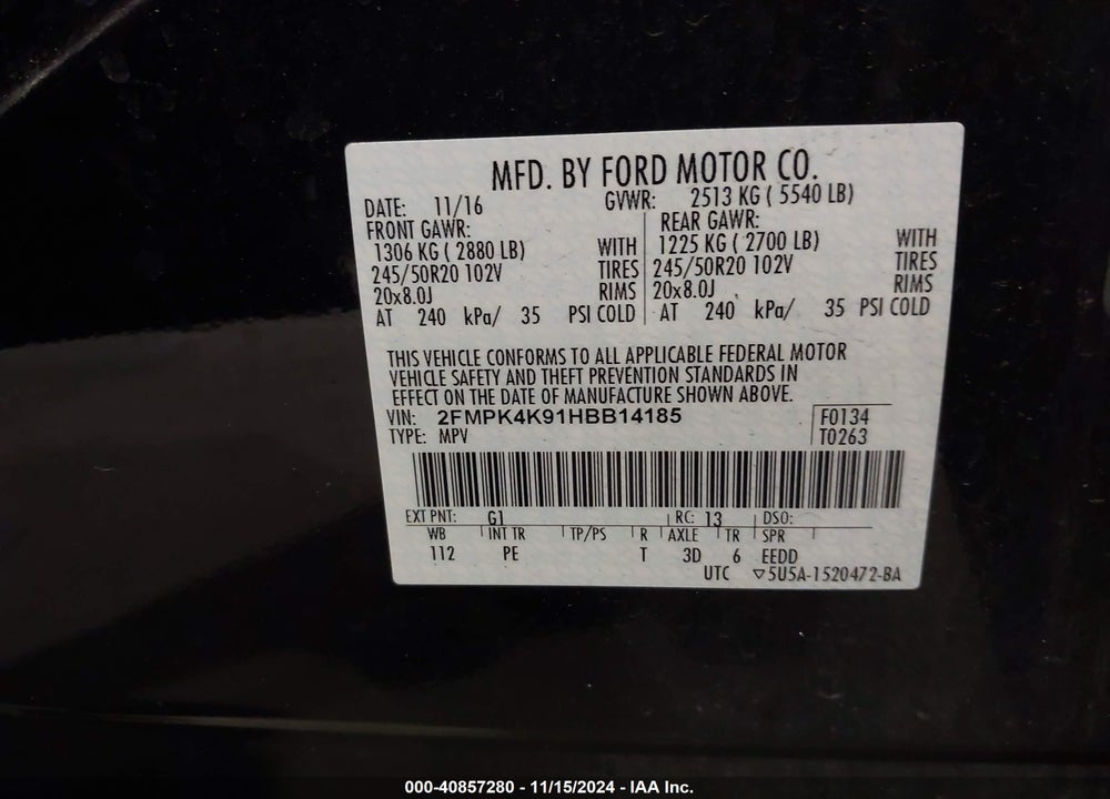 2017 FORD EDGE TITANIUM VIN: 2FMPK4K91HBB14185
