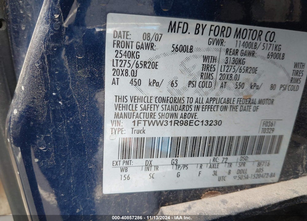 2008 HARLEY-DAVIDSON FORD F-350 FX4//KING RANCH/LARIAT/XL/XLT VIN: 1FTWW31R98EC13230