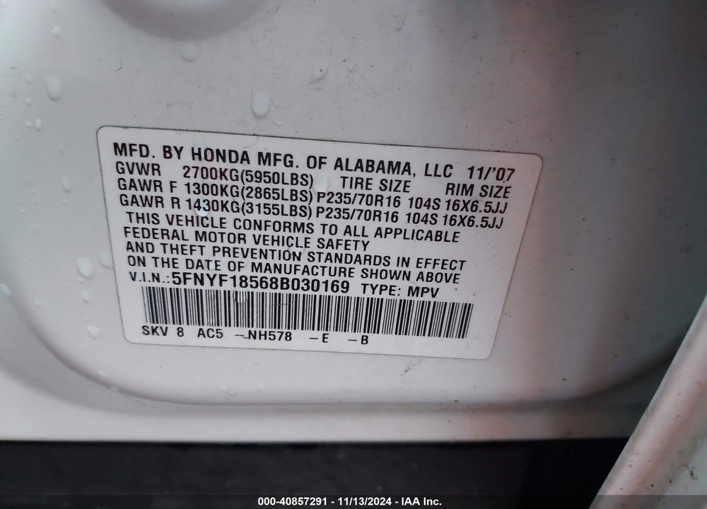 2008 HONDA PILOT EX-L VIN: 5FNYF18568B030169