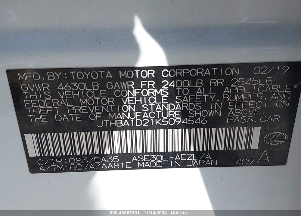 2019 LEXUS IS 300 VIN: JTHBA1D21K5094546