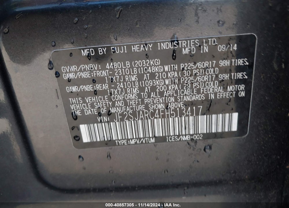 2015 SUBARU FORESTER 2.5I LIMITED VIN: JF2SJARC4FH513417