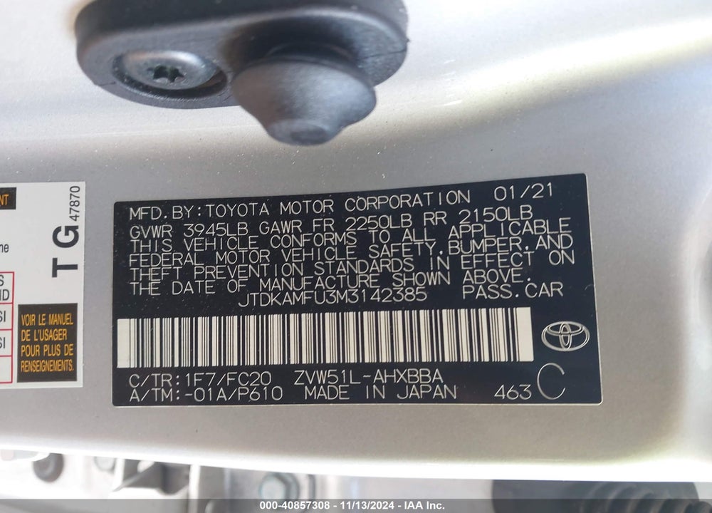 2021 TOYOTA PRIUS L ECO VIN: JTDKAMFU3M3142385