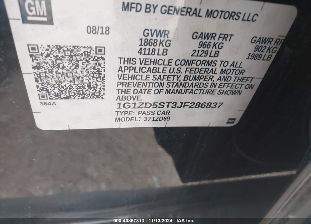 2018 CHEVROLET MALIBU LT VIN: 1G1ZD5ST3JF286837