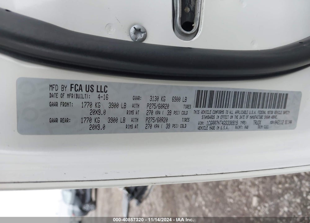2016 RAM 1500 LAIE VIN: 1C6RR7NT4GS338919