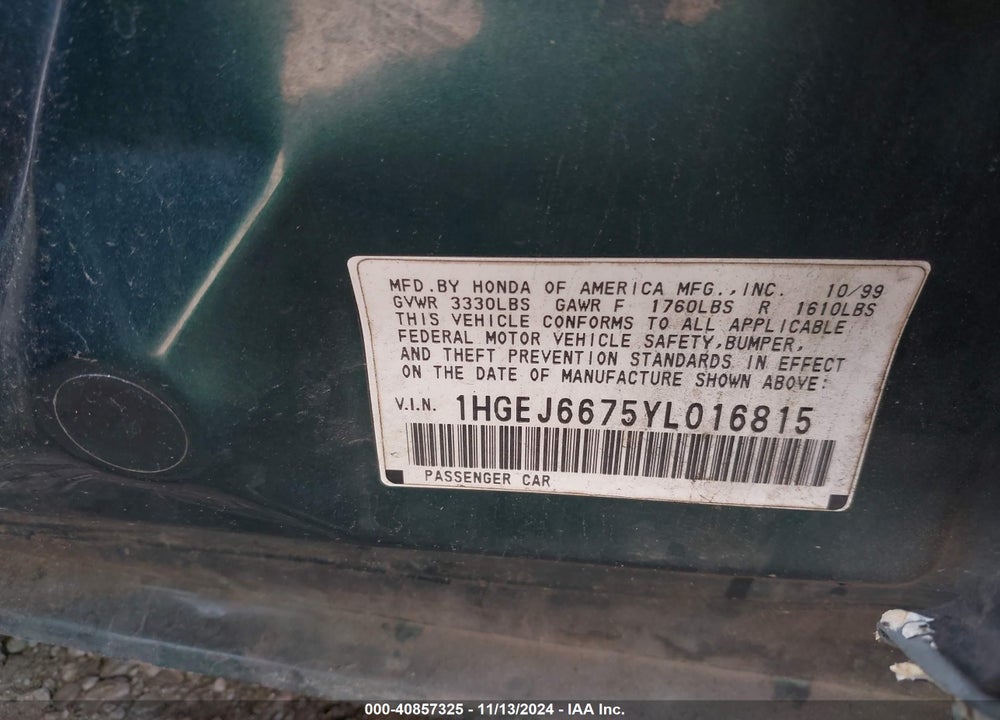 2000 HONDA CIVIC LX VIN: 1HGEJ6675YL016815