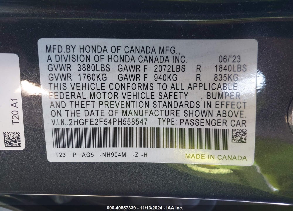 2023 HONDA CIVIC SPORT VIN: 2HGFE2F54PH558547