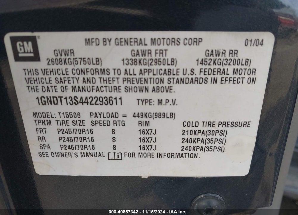 2004 CHEVROLET TRAILBLAZER LT VIN: 1GNDT13S442293611