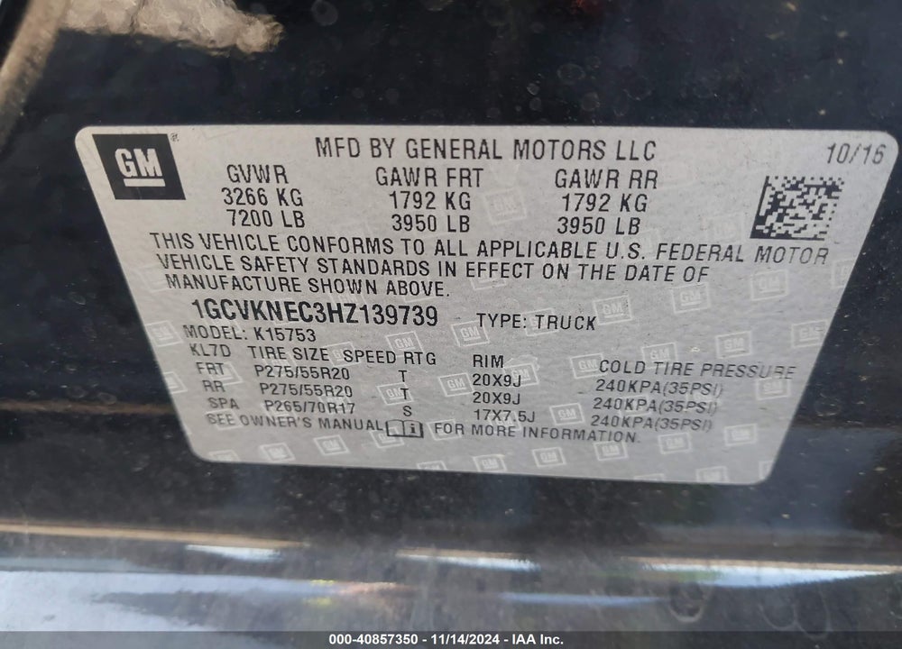 2017 CHEVROLET SILVERADO 1500 WT VIN: 1GCVKNEC3HZ139739