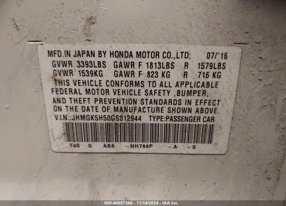 2016 HONDA FIT LX VIN: JHMGK5H50GS012944