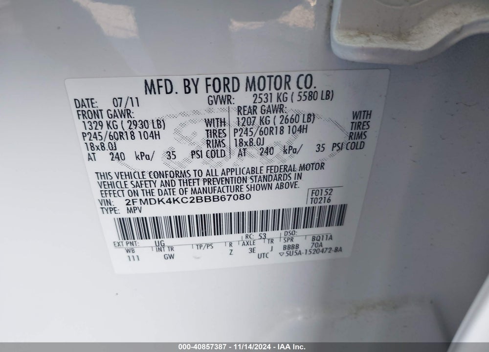 2011 FORD EDGE LIMITED VIN: 2FMDK4KC2BBB67080