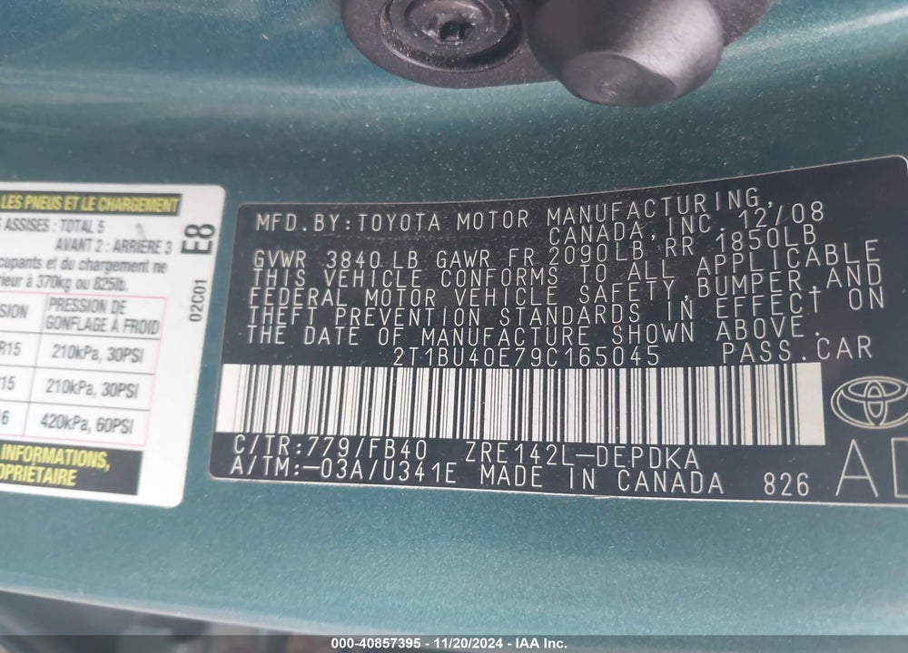 2009 TOYOTA COROLLA LE VIN: 2T1BU40E79C165045