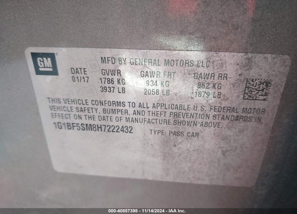 2017 CHEVROLET CRUZE VIN: 1G1BF5SM8H7222432