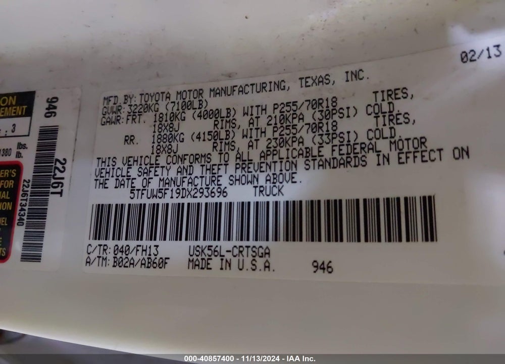 2013 TOYOTA TUNDRA GRADE 5.7L V8 VIN: 5TFUW5F19DX293696