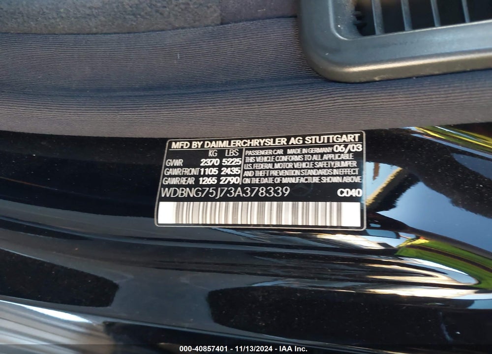 2003 MERCEDES-BENZ S 500 VIN: WDBNG75J73A378339