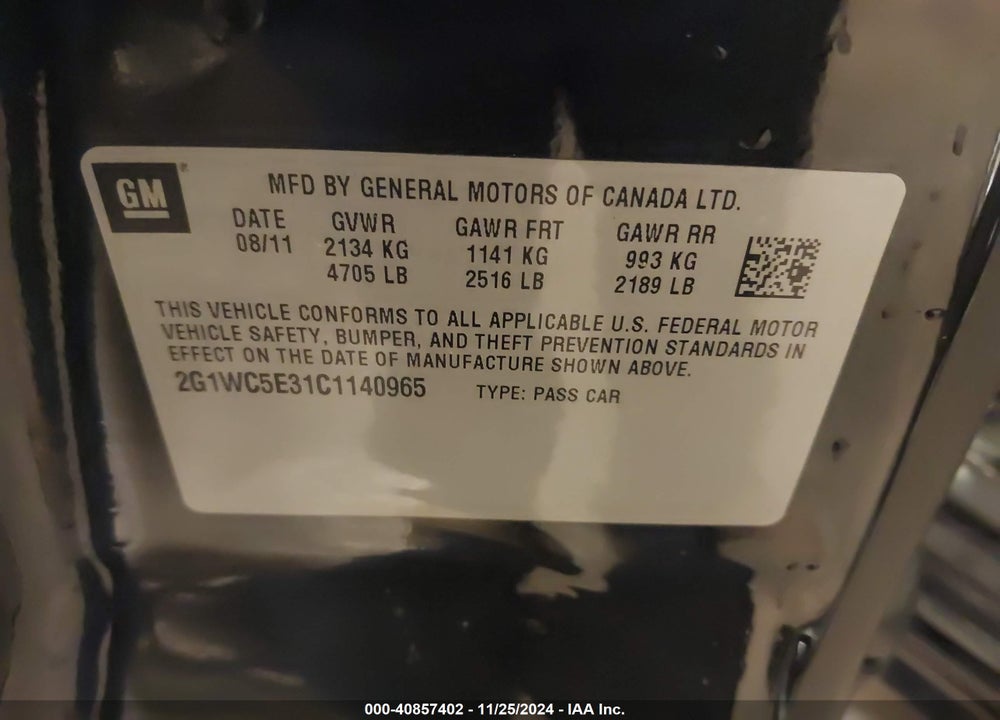 2012 CHEVROLET IMPALA LTZ VIN: 2G1WC5E31C1140965
